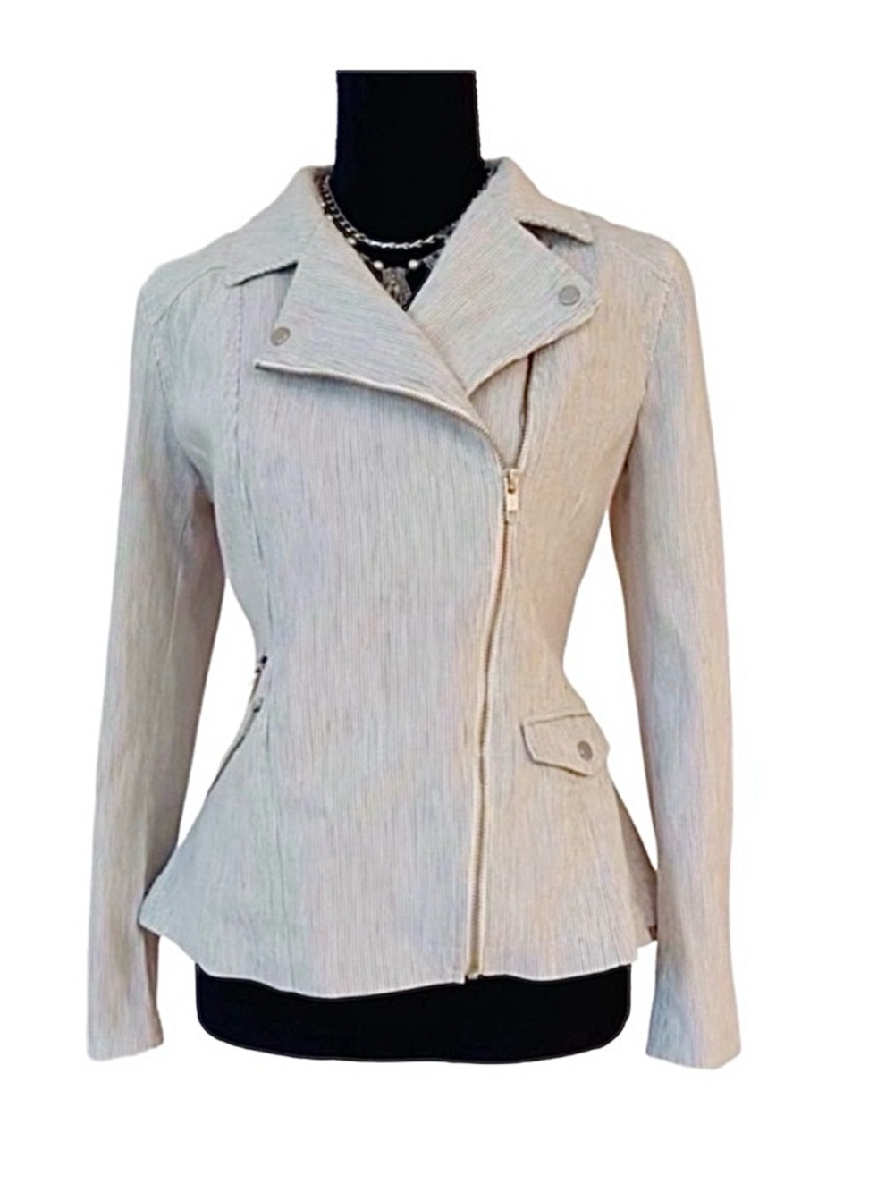 Chelsea28 ~ Light Gray and White Pinstripes Moto Jacket Asymmetrical Design